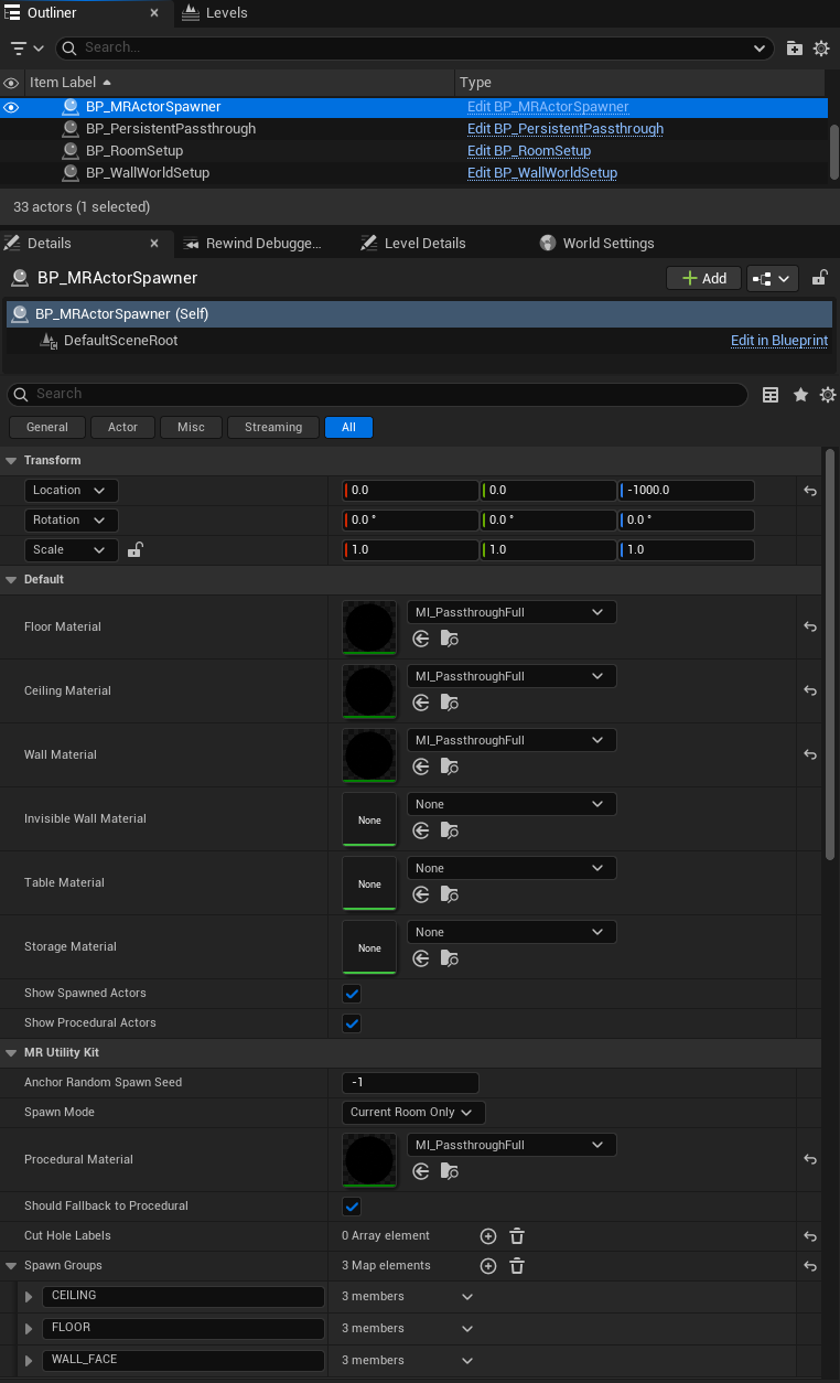 BP_MRActorSpawner configuration for passthrough walls / floor / ceiling