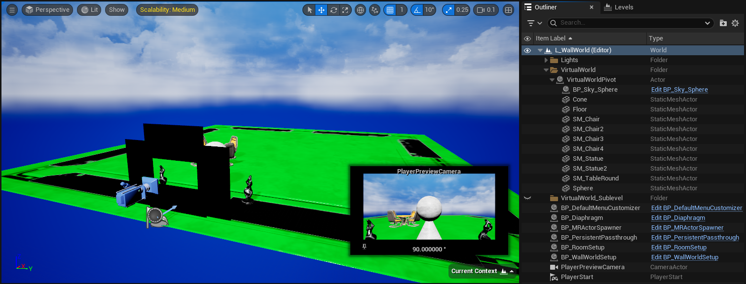 Editor view of the diaphragm and the VirtualWorldPivot setup