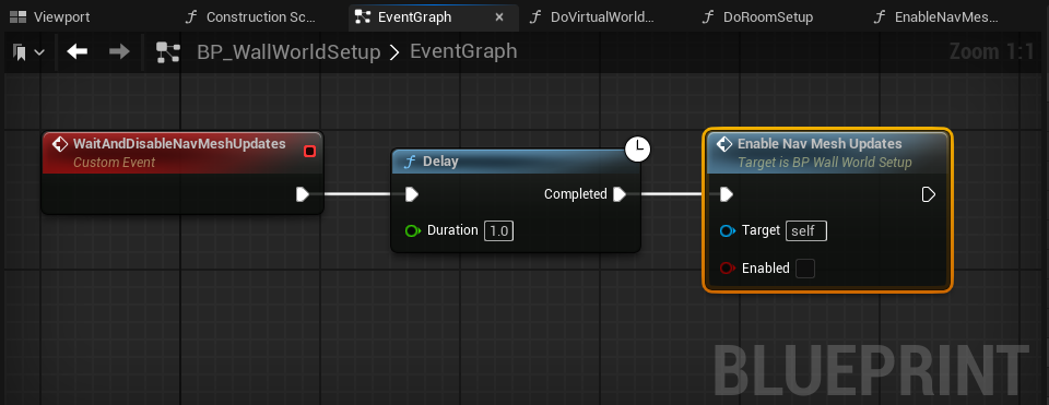 Create a custom event to wait 1 sec and disable NavMesh updates