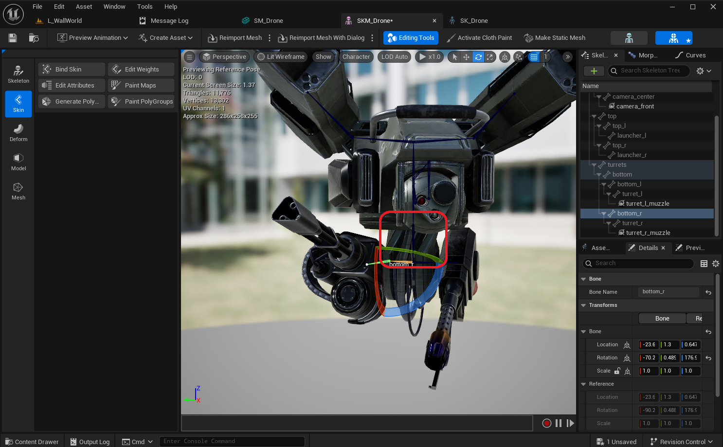 Rotating the turrets bone results in unintended stretching and bending