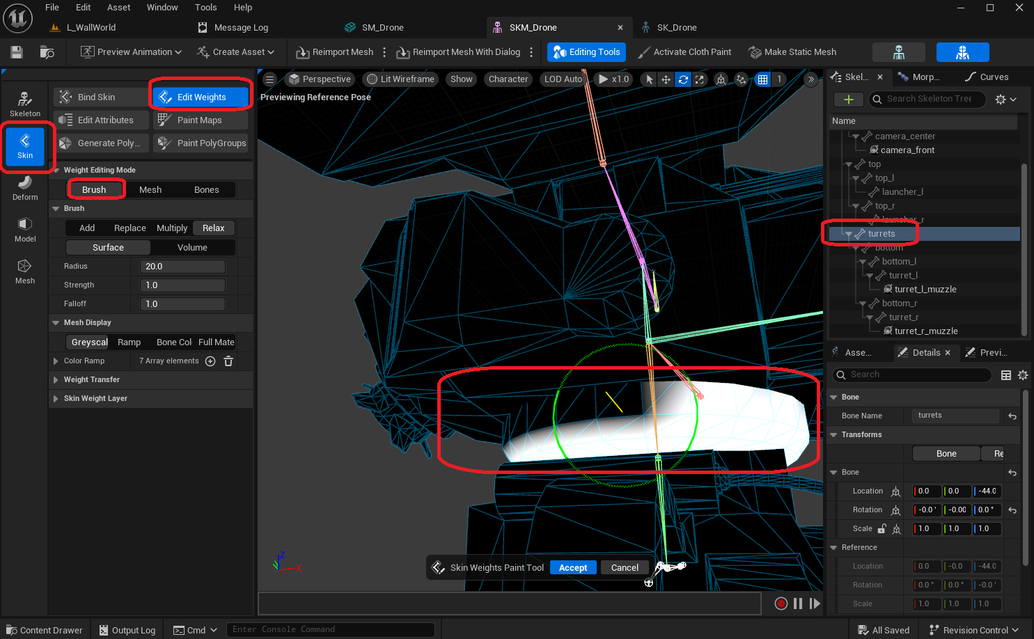 Using the Brush tool to paint bone influence on the mesh for the turrets bone