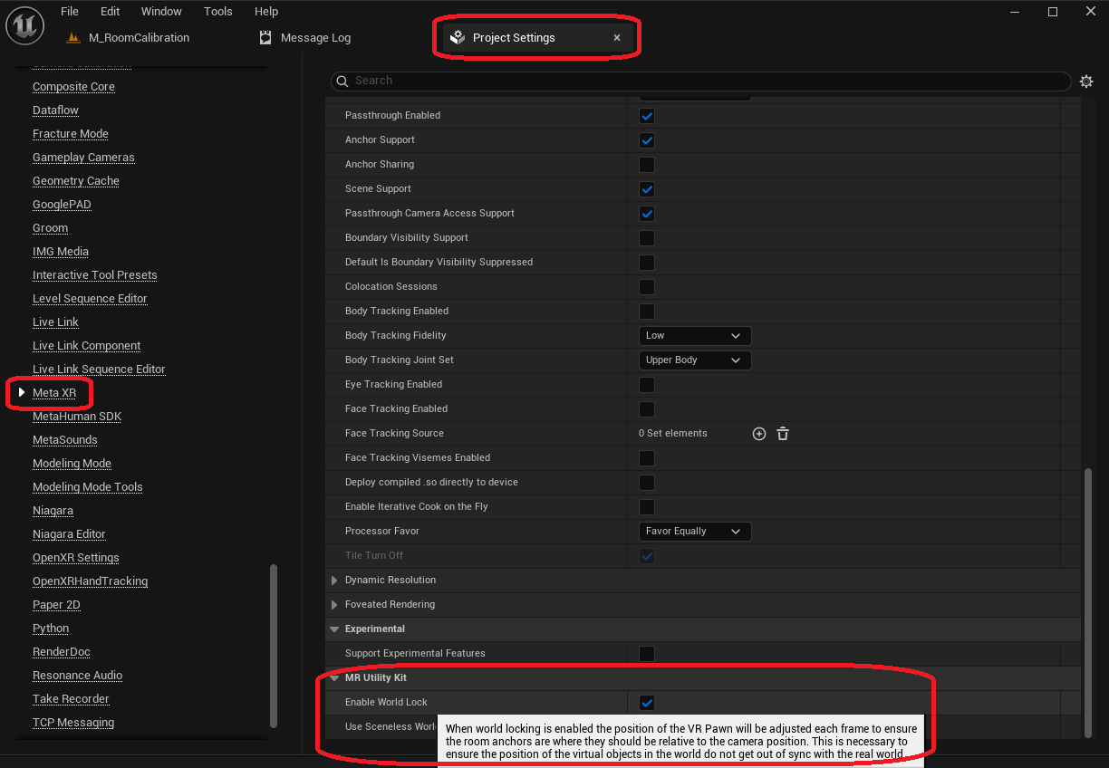 World Lock feature in the MetaXR plugin settings