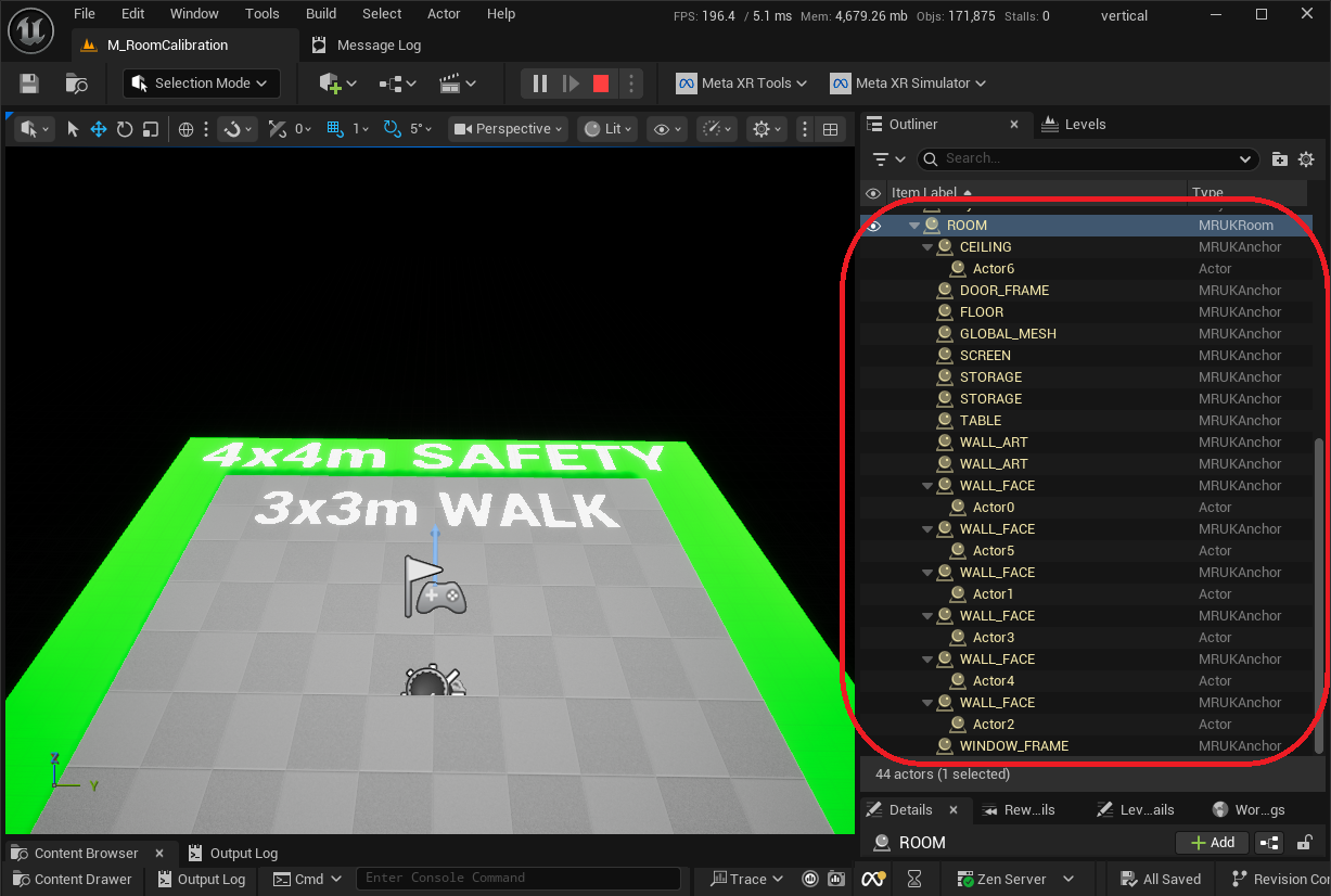 Room anchor structure in Unreal Engine editor Outliner